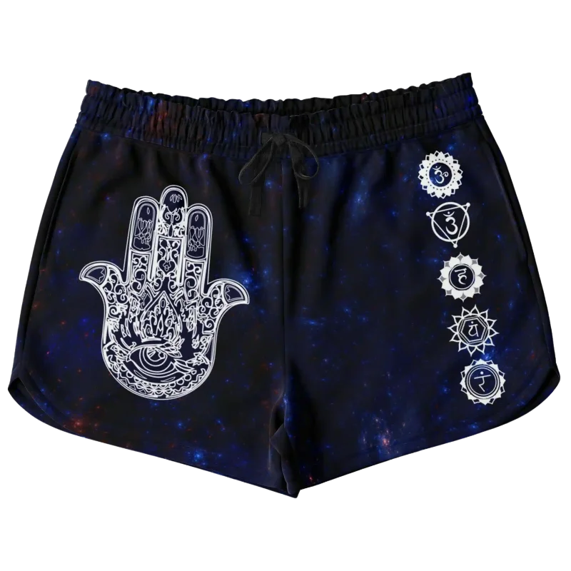 CELESTIAL HAMSA AND YOGA CHAKRAS LOOSE YOGA SHORTS