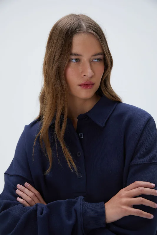 Oversized Button Up Sweatshirt - Navy Blue