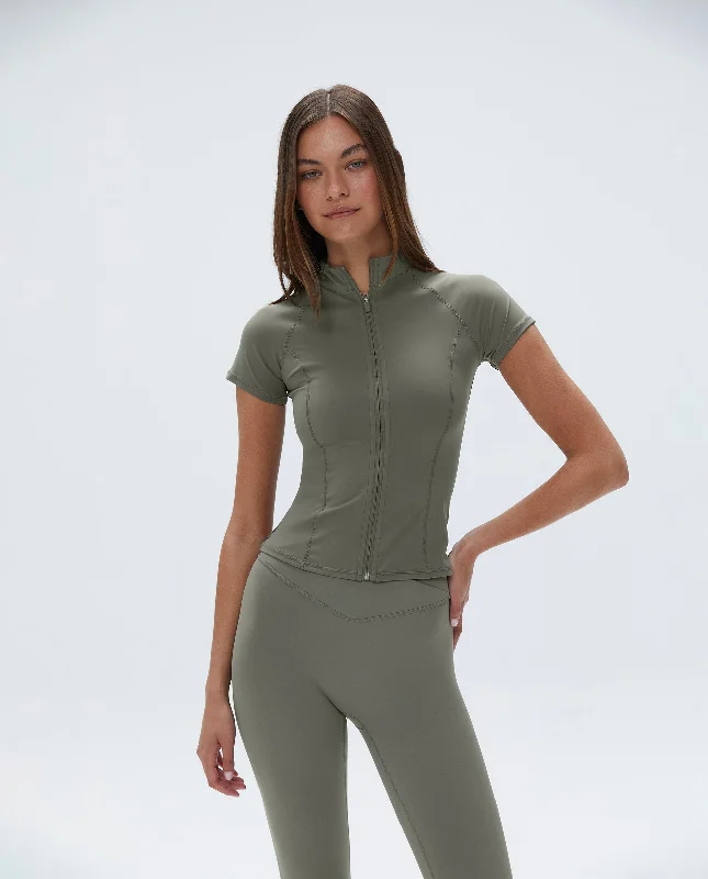 Ultimate Short Sleeve Zip Up Top - Olive Green