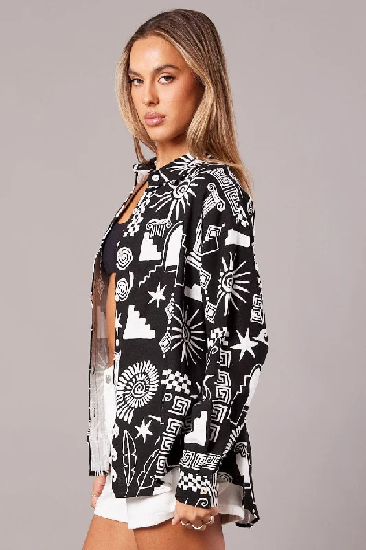 Black Abstract Relaxed Shirt Long Sleeve Linen Blend