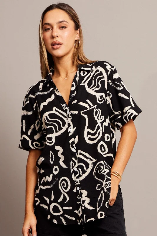 Black Abstract Relaxed Shirt Short Sleeve V-Neck