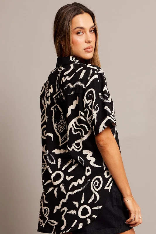 Black Abstract Relaxed Shirt Short Sleeve V-Neck