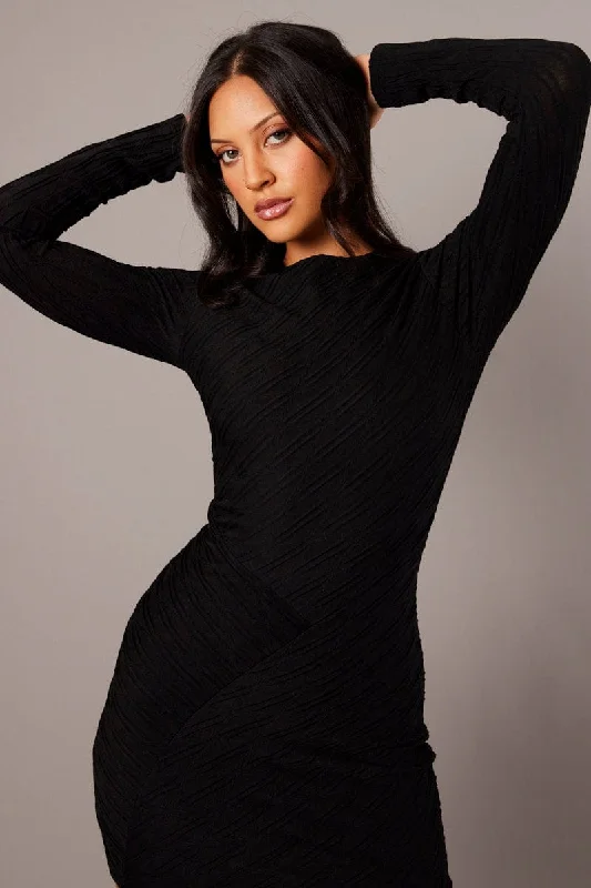 Black Bodycon Dress Mini Long Sleeve Textured