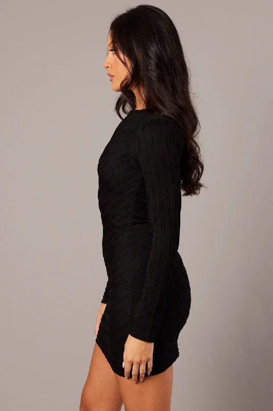 Black Bodycon Dress Mini Long Sleeve Textured