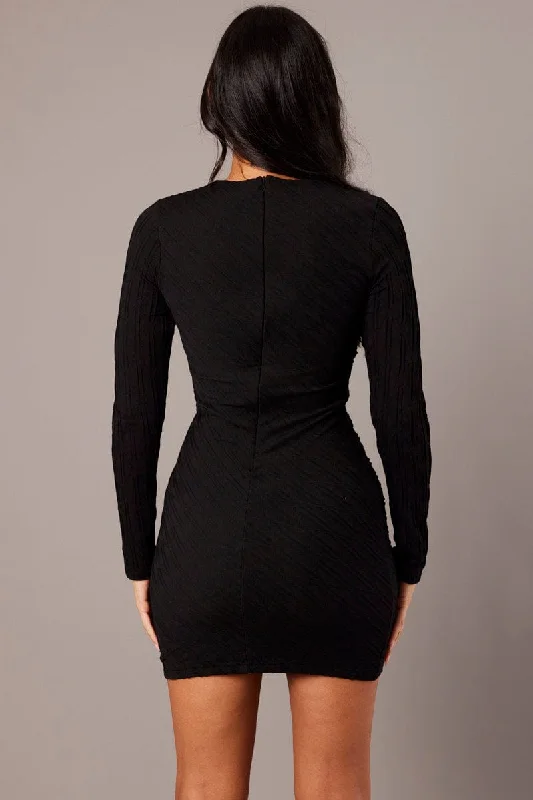 Black Bodycon Dress Mini Long Sleeve Textured