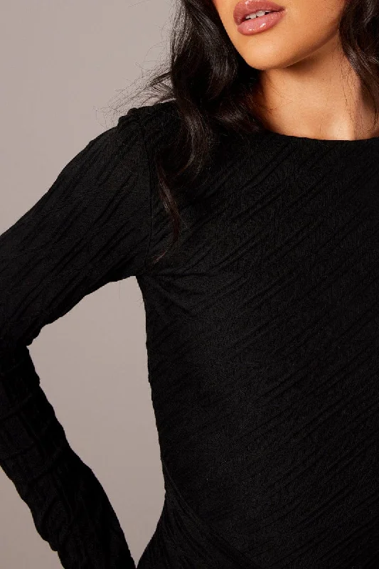 Black Bodycon Dress Mini Long Sleeve Textured