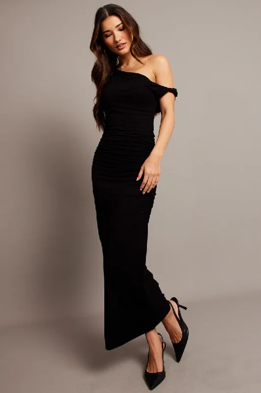 Black Bodycon Dress Twist off Shoulder Supersoft