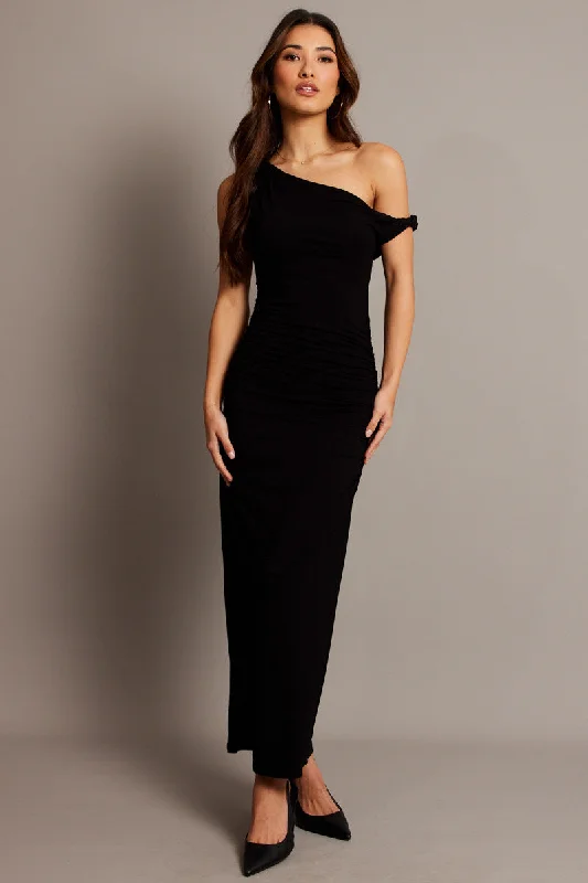 Black Bodycon Dress Twist off Shoulder Supersoft