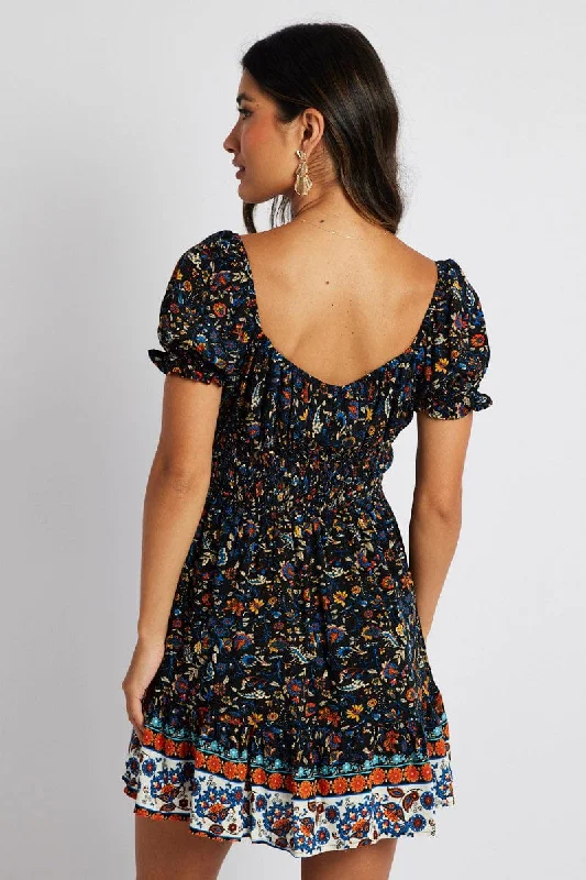 Black Boho Fit and Flare Dress Short Sleeve Ruched Bust