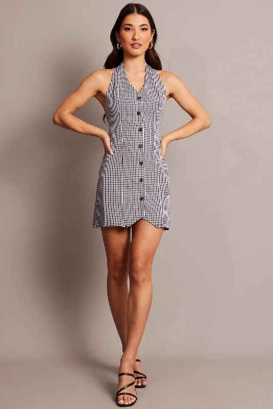 Black Check Halter Neck Dress Mini