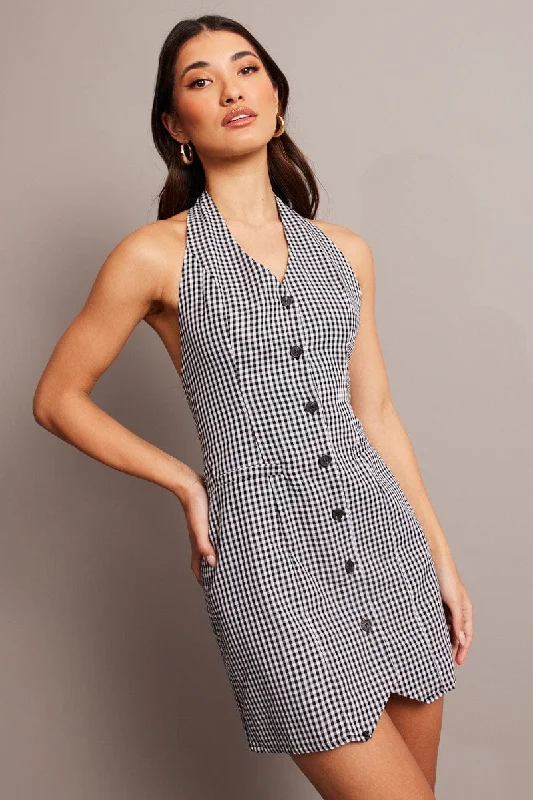 Black Check Halter Neck Dress Mini