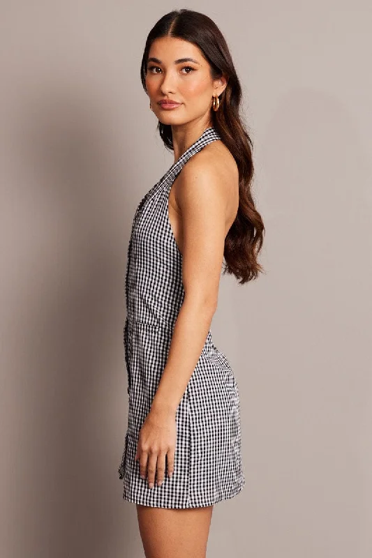 Black Check Halter Neck Dress Mini