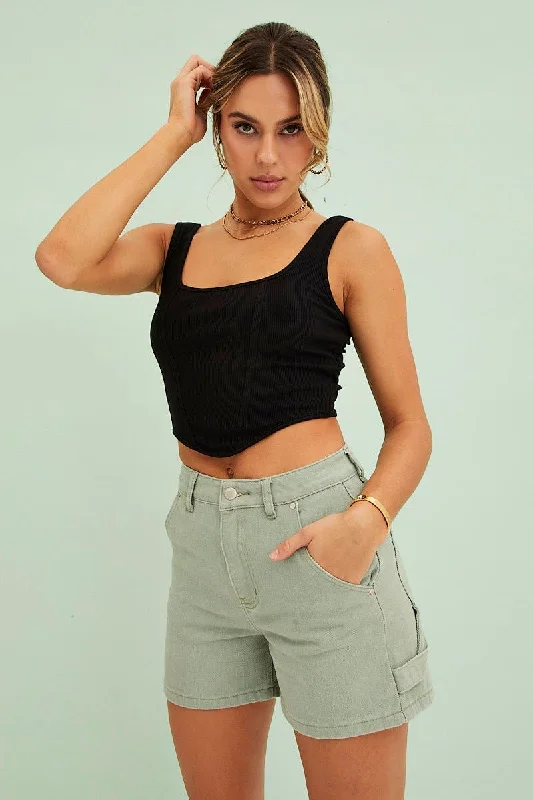 Black Corset Crop Rib Curve Hem Tank