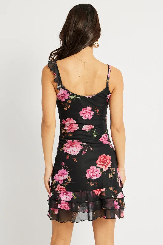 Black Floral Bodycon Dress Ruffle Hem Mini Mesh