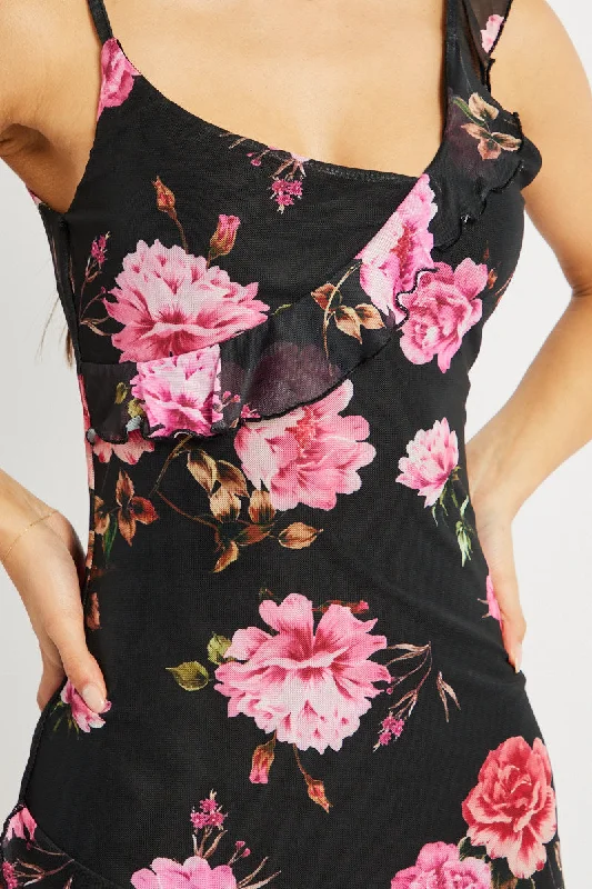 Black Floral Bodycon Dress Ruffle Hem Mini Mesh