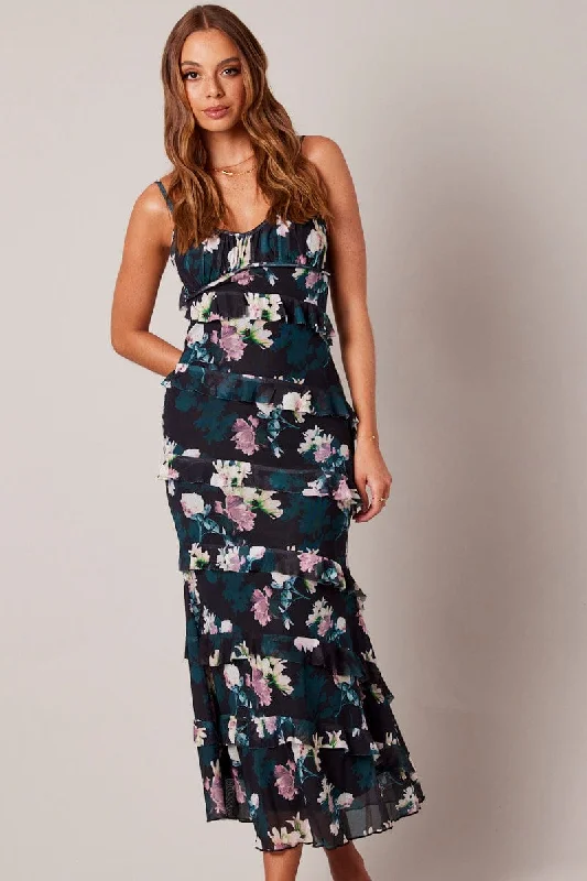 Black Floral Bodycon Dress Singlet Sweetheart Frill