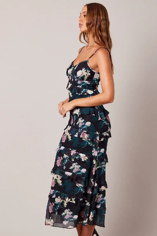 Black Floral Bodycon Dress Singlet Sweetheart Frill