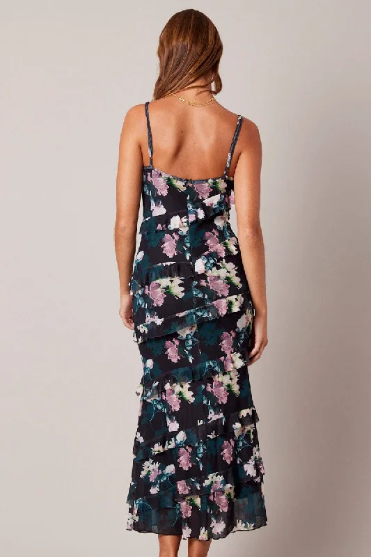 Black Floral Bodycon Dress Singlet Sweetheart Frill