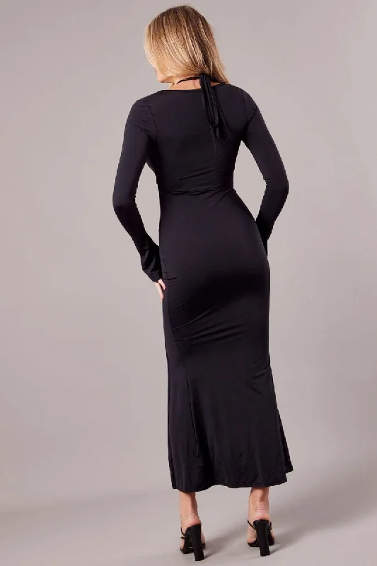 Black Maxi Dress Strappy Flared Sleeve Bodycon Dress