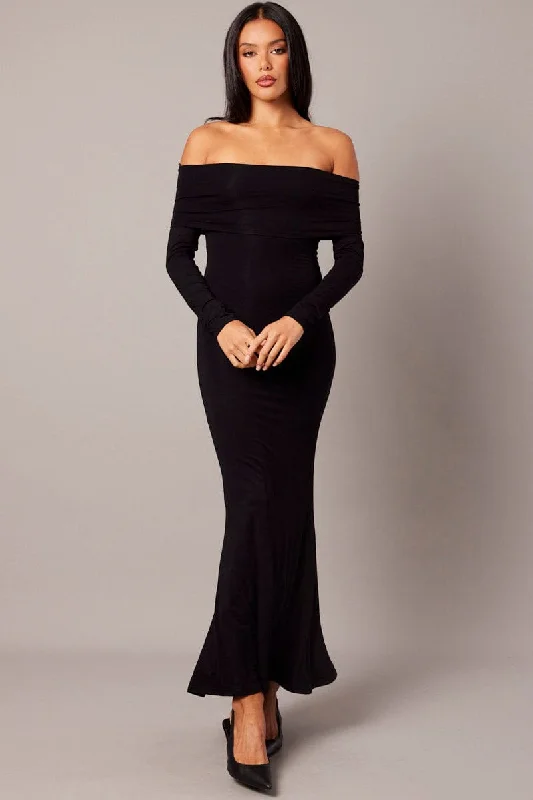 Black Off Shoulder Dress Long Sleeve Maxi