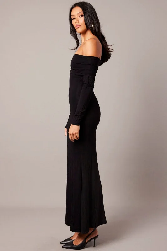 Black Off Shoulder Dress Long Sleeve Maxi