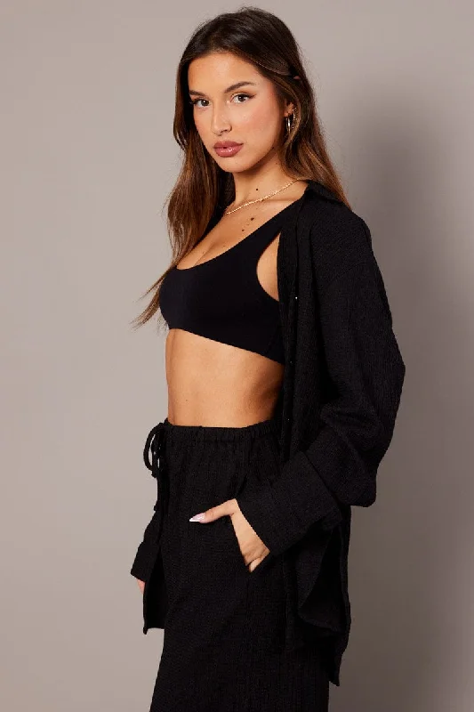 Black Relaxed Shirt Long Sleeve Textured