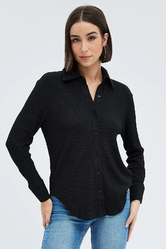 Black Shirt Long Sleeve Collared Neck Textured