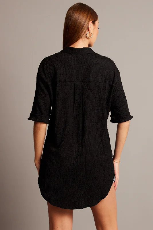 Black Textured Shirt Short Sleeve