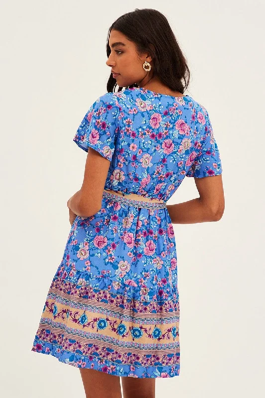 Blue Boho Boho Textuerd Skater Dress