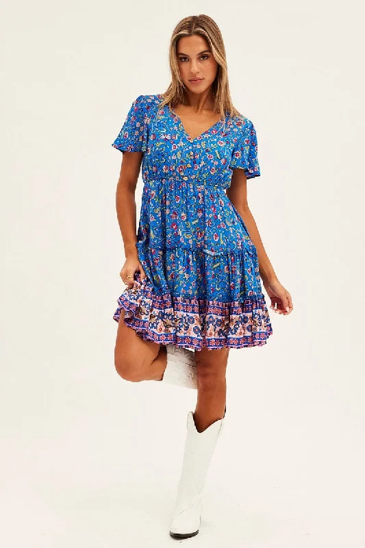 Blue Boho Fit And Flare Dress Short Sleeve Mini V-Neck