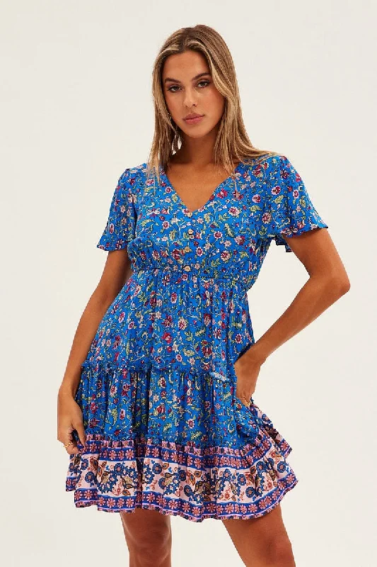 Blue Boho Fit And Flare Dress Short Sleeve Mini V-Neck