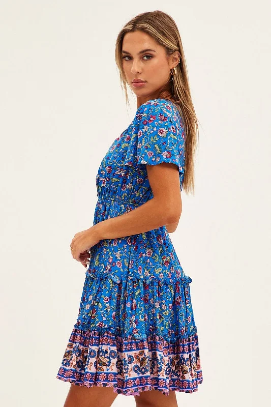 Blue Boho Fit And Flare Dress Short Sleeve Mini V-Neck