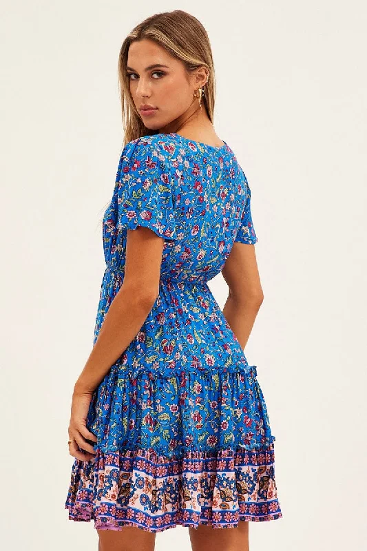 Blue Boho Fit And Flare Dress Short Sleeve Mini V-Neck