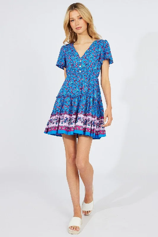 Blue Boho Fit And Flare Dress V-neck Mini