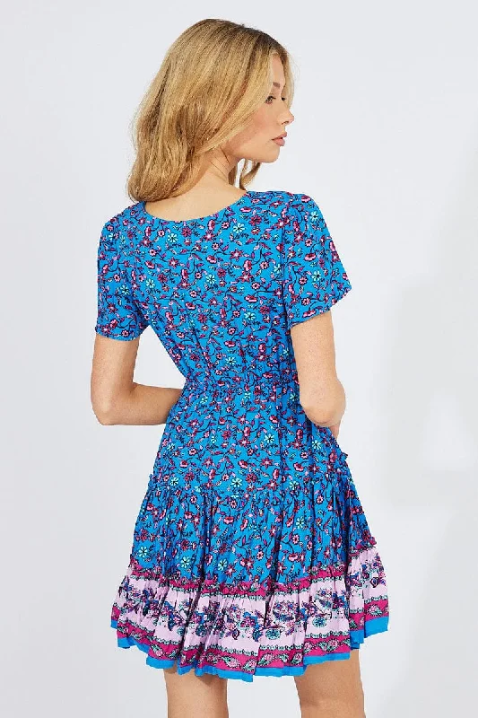 Blue Boho Fit And Flare Dress V-neck Mini