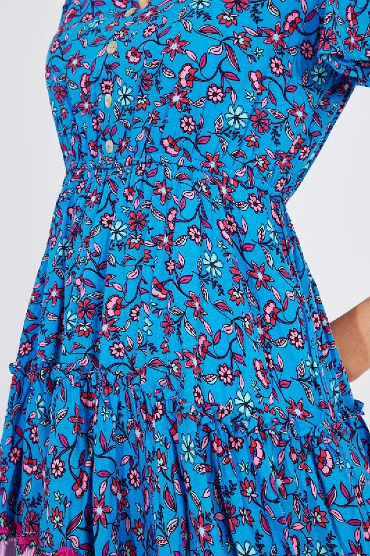 Blue Boho Fit And Flare Dress V-neck Mini