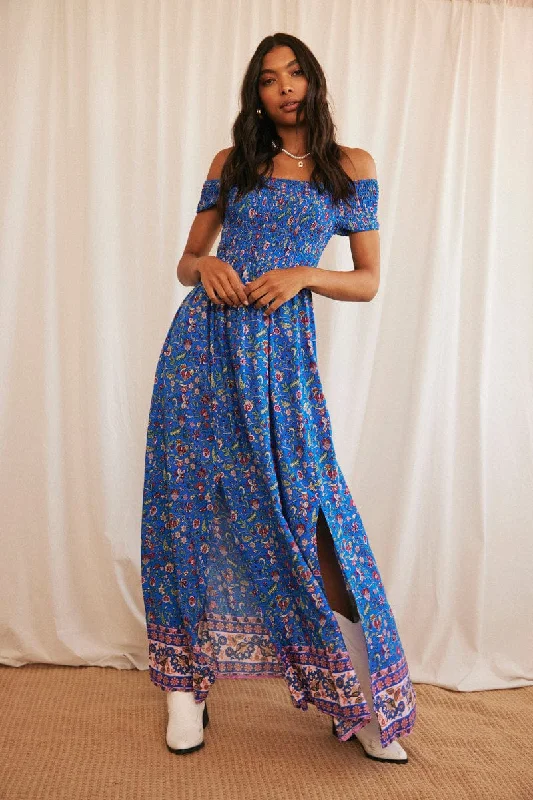 Blue Boho Maxi Dress Off Shoulder