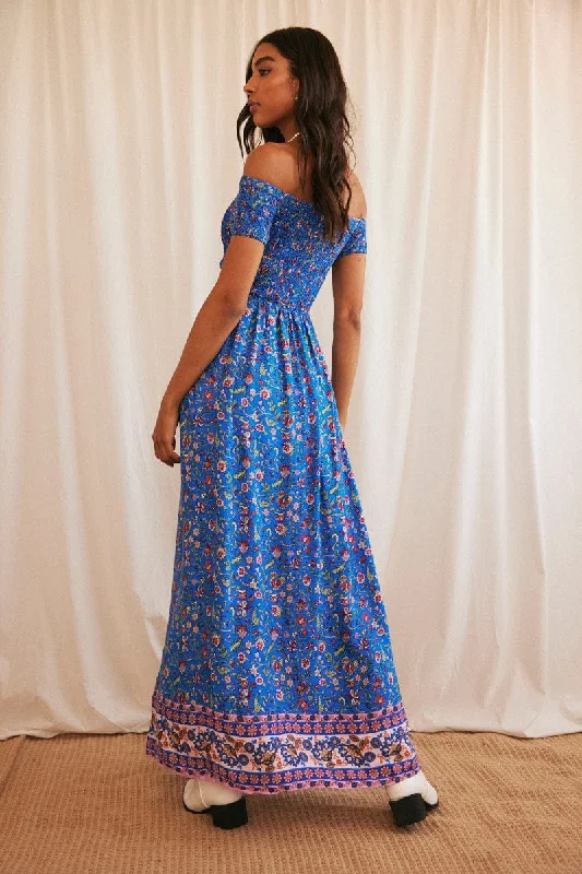 Blue Boho Maxi Dress Off Shoulder