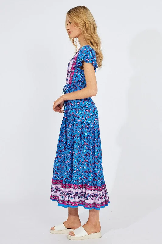 Blue Boho Maxi Dress Short Sleeve