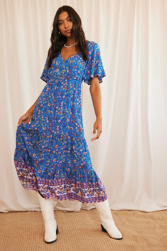 Blue Boho Maxi Dress Short Sleeve V-Neck