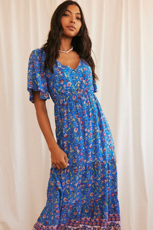 Blue Boho Maxi Dress Short Sleeve V-Neck