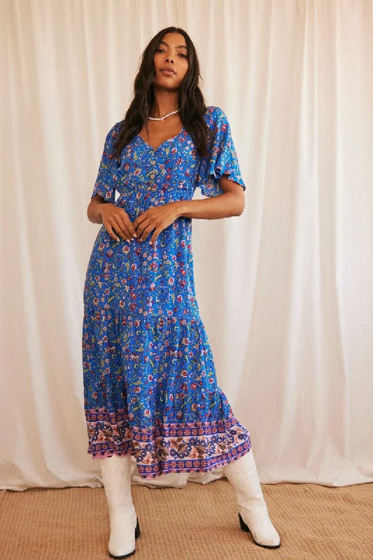 Blue Boho Maxi Dress Short Sleeve V-Neck