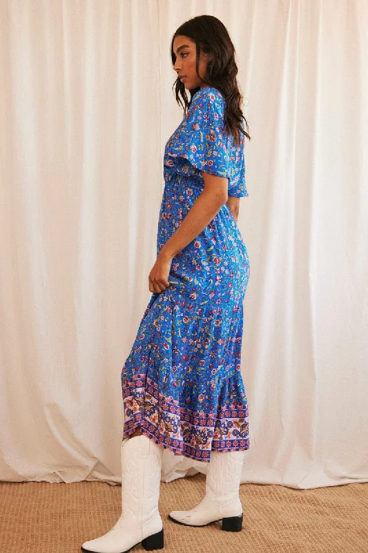 Blue Boho Maxi Dress Short Sleeve V-Neck