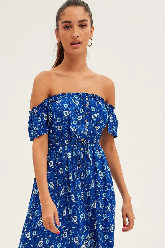 Blue Boho Midi Dress Short Sleeve Ruffle