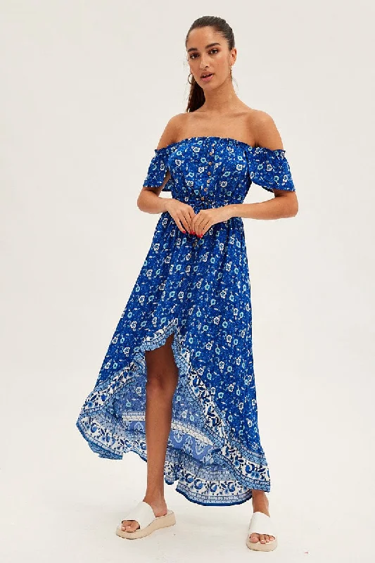 Blue Boho Midi Dress Short Sleeve Ruffle