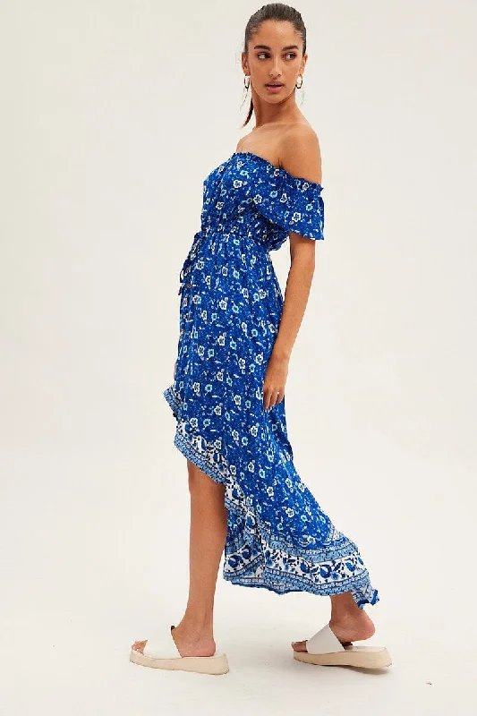 Blue Boho Midi Dress Short Sleeve Ruffle