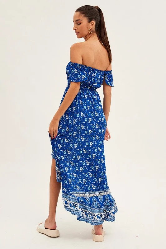 Blue Boho Midi Dress Short Sleeve Ruffle