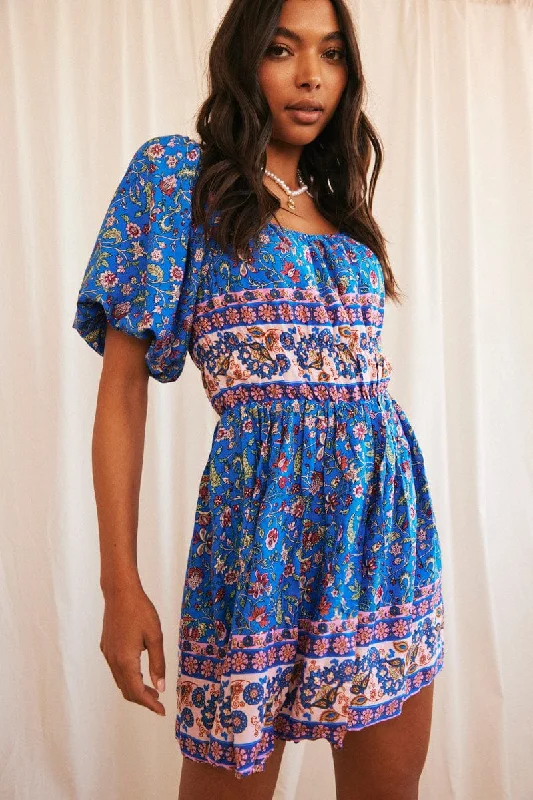 Blue Boho Mini Dress Short Sleeve Off Shoulder Skater