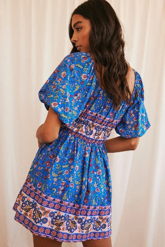 Blue Boho Mini Dress Short Sleeve Off Shoulder Skater