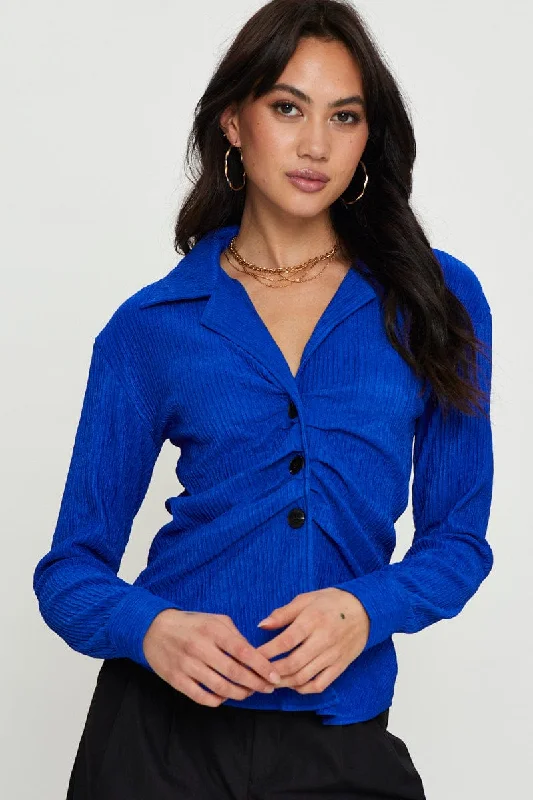 Blue Oversized Shirts Long Sleeve Collared